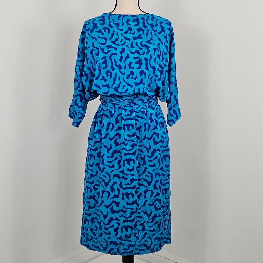 Vintage Jerry Regenbogen Silk Midi Dress Women 6 Blue Abstract Dolman Belted